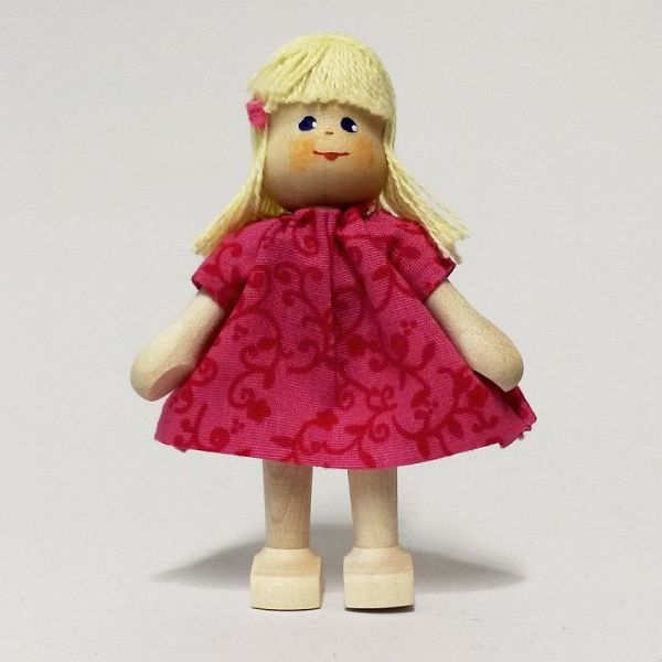 Anne Krebs 104-0 Puppe Mädchen, Kleid rosa Haare offen blond 1:12 für Puppenhaus Holz