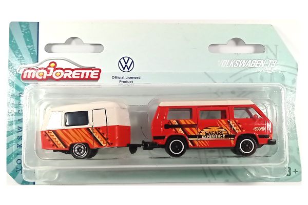 Majorette 212055007 VW T3 Bus mit Wohnwagen rot/weiss - VW Originals Trailer Maßstab 1:62 Modellauto