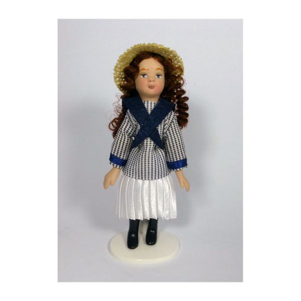 Mädchen im Matrosenkleid mit Hut Puppe für Puppenhaus Miniatur 1:12 