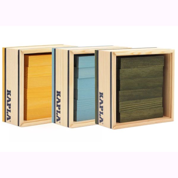 KAPLA-Holzplättchen 3 x 40er Box Pinienholz hellblau grün gelb