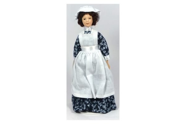 Creal 2602 Puppe Frau "Nanny" Kleid mit Schürze schwarz/weiss Porzellan 1:12 für Puppenhaus