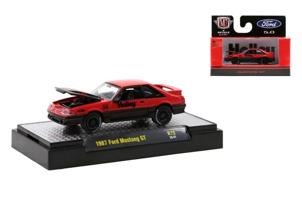 M2 Machines 32500-R72-22-31 Ford Mustang GT &quot;Holley&quot; rot/schwarz 1987 Maßstab 1:64 Modellauto