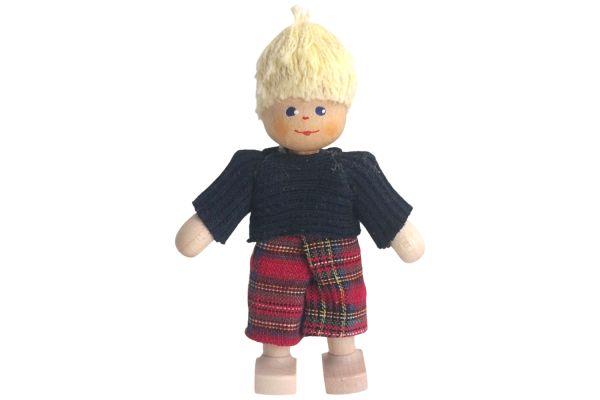 Anne Krebs Miniatur Puppe Junge, Shirt blau, Hose kariert, Haare blond