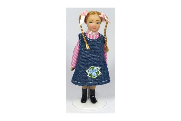 Creal 2625 Puppe "Mädchen im Jeanskleid und rosa karierten Shirt" Porzellan 1:12 für Puppenhaus