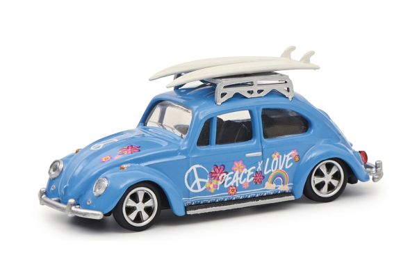 Schuco 452034400 VW Käfer Lowrider "Peace" mit Surfbretter blau Maßstab 1:64 Modellauto