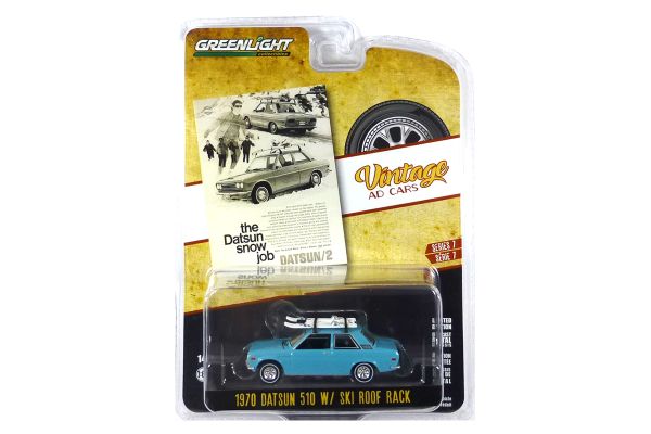 Greenlight 39100-C Datsun 510 mit Ski hellblau 1970 - Vintage AD Cars 7 Maßstab 1:64 Modellauto