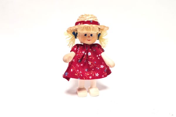Anne Krebs 136-0 Puppe Mädchen, Sonnenhut, Kleid rot, Haare blond Zöpfe 1:12 für Puppenhaus Holz