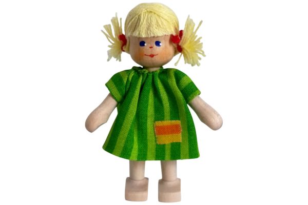 Anne Krebs Miniatur Puppe Mädchen Kleid grün, Haare blond