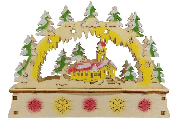 LED Mini Schwibbogen Kirche farbig