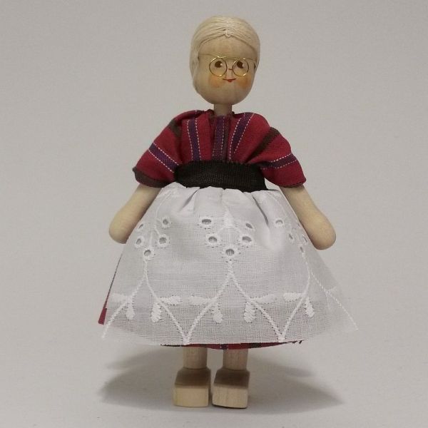 Anne Krebs 294 Puppe Oma, Kleid rot mit Schürze, Haare weiss Brille 1:12 für Puppenhaus Holz