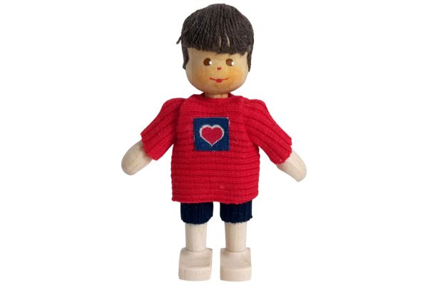 Anne Krebs Miniatur Puppe Junge, Shirt mit Herz rot, Haare braun