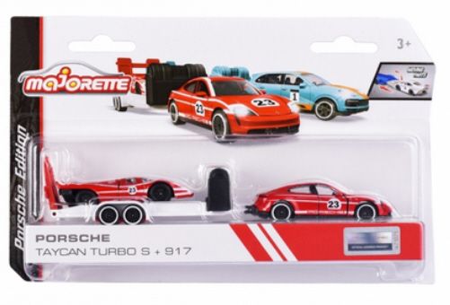 Majorette 212053112 Porsche Race Trailer Taycan + 917 rot/weiss Maßstab ca. 1:64