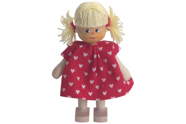 Anne Krebs Miniatur Puppe Mädchen, Kleid rot, Haare blond mit Zöpfen