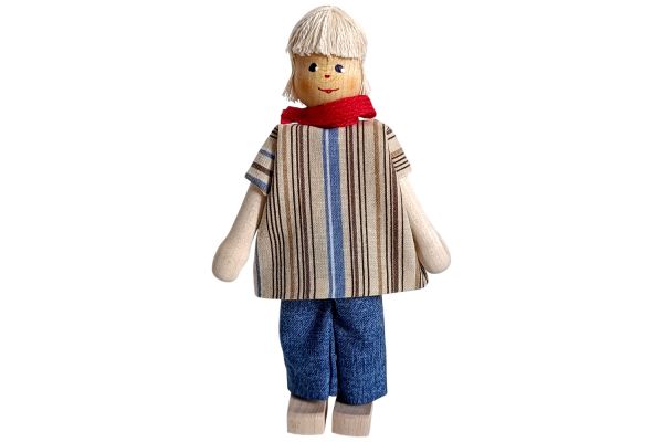 Anne Krebs Miniatur Puppe Oma, gestreifte Bluse, Jeans, Haare weiss