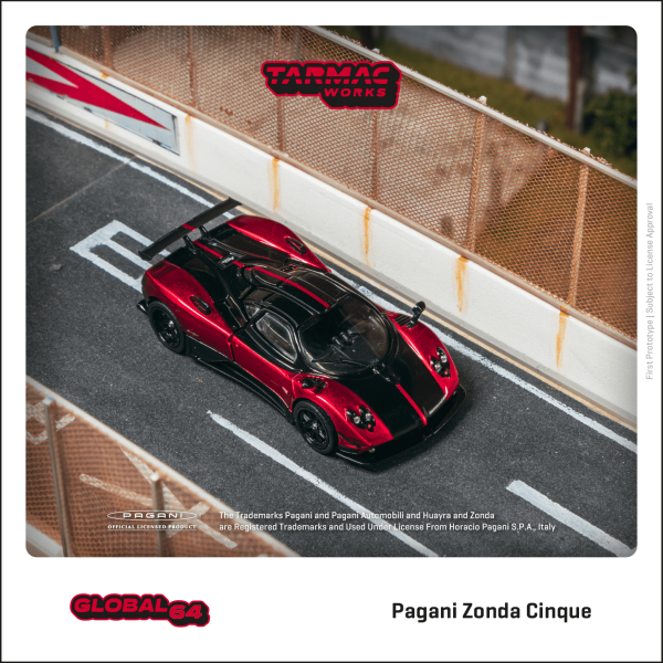 Vororder Tarmac T64G-TL021-RE Pagani Zonda Cinque Rosso Dubai Global64 Maßstab 1:64 Modellauto