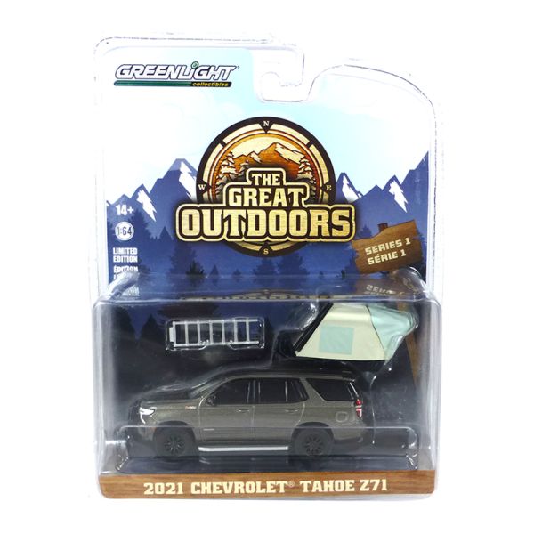 Greenlight 38010-E Chevrolet Tahoe Z71 mit Dachzelt grau metallic 2021 - Great Outdoors 1 Maßstab 1: