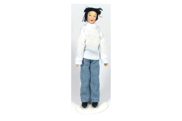 Creal 2612 Puppe "Mann mit weißen Pullover und Jeans" Porzellan 1:12 für Puppenhaus