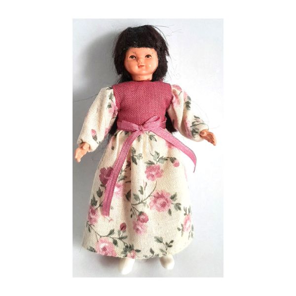 Caco 11128200 Puppe &quot;Nostalgie Mädchen&quot; 8 cm blumiges Kleid Biegepuppe 1:12 Puppenhaus