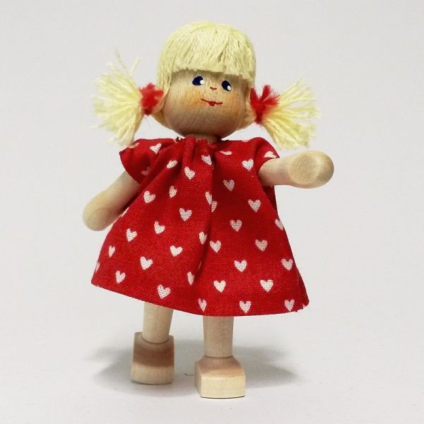 Anne Krebs 106-0 Puppe Mädchen, Kleid rot, Haare blond Zöpfe 1:12 für Puppenhaus Holz