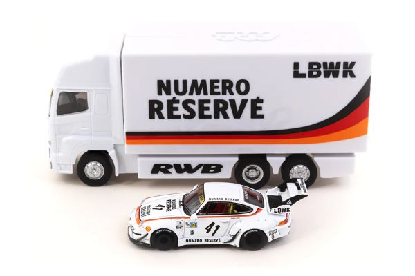 Tarmac T64-017-LBWK Porsche RWB 993 LBWK &quot;Numero Reserve&quot; weiss Team Truck Maßstab 1:64 Modellauto