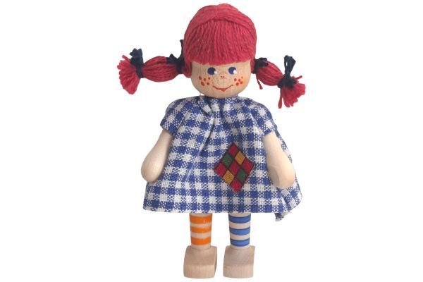 Anne Krebs Miniatur Puppe Mädchen Kleid weiss/blau karriert, Sommersprossen, Haare rot