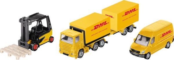 Siku 6324 DHL Logistik Set Stapler, Sprinter, LKW mit Anhänger gelb Geschenkset