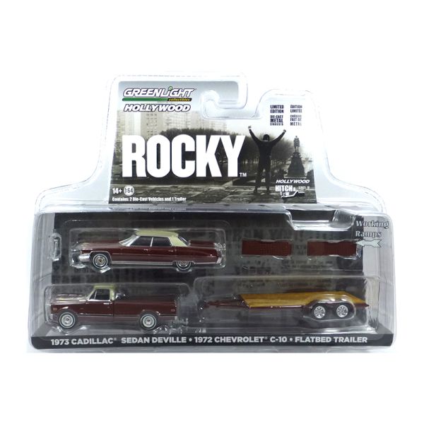 Greenlight 31130-A Cadillac Sedan DeVille 1973 + Chevy C-10 1972 + Trailer &quot;Rocky&quot; rot - Hollywood H