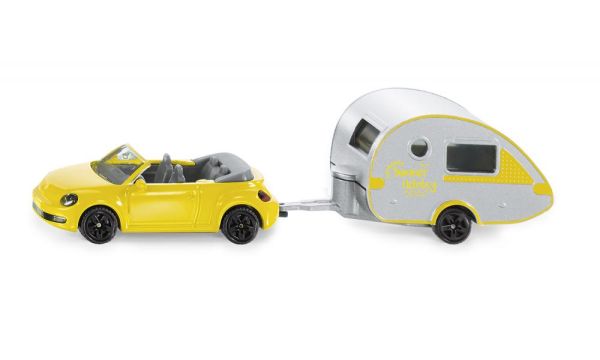 Siku 1629 VW Beetle Cabrio gelb mit Wohnanhänger "Summer Holiday" (Blister)