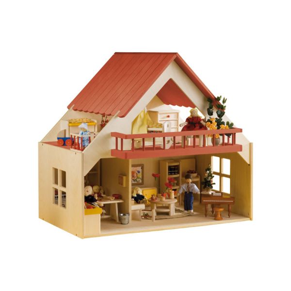 Rülke 23193 Puppenhaus "Haus mit Balkon und rotem Dach" Holz Erzgebirge
