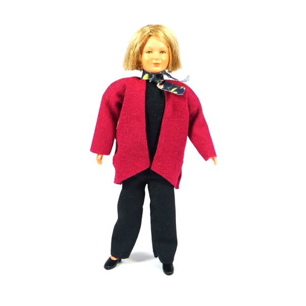 Caco 5018500 Puppe &quot;Frau&quot; 13 cm schwarze Hose, roter Cardigan Biegepuppe 1:12 für Puppenhaus