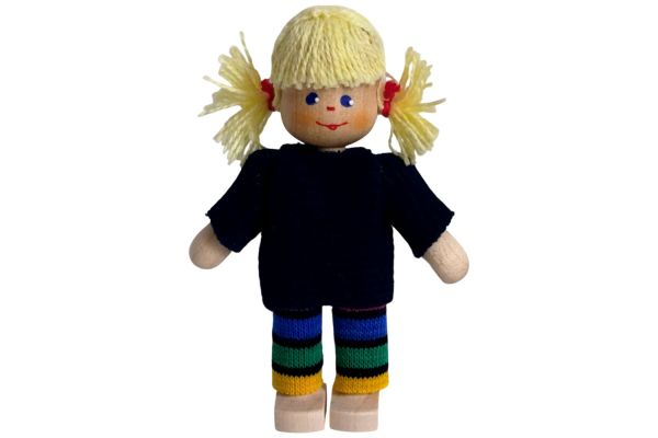 Anne Krebs Miniatur Puppe Mädchen Pullover dunkelblau Hose gestreift Haare blond