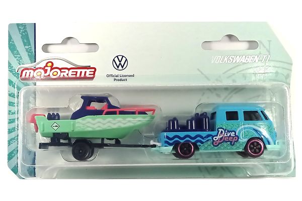 Majorette 212055007 VW T1 Pickup mit Anhänger+Boot blau/grün - VW Originals Trailer Maßstab 1:63 Mod