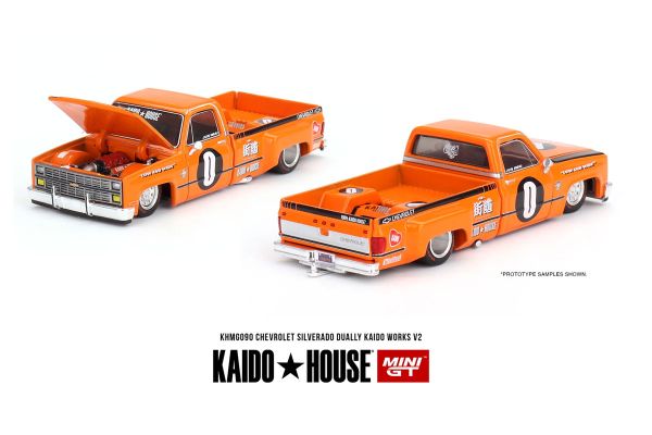 ***Kaidohouse KHMG090 Chevrolet Silverado Dually KAIDO V2 orange (RHD) MiniGT Maßstab 1:64 Modellaut
