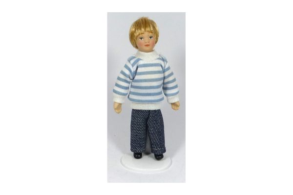 Creal 2604 Puppe "Junge mit Jeans und blau/weiss gestreiftem Pullover" Porzellan 1:12 für Puppenhaus