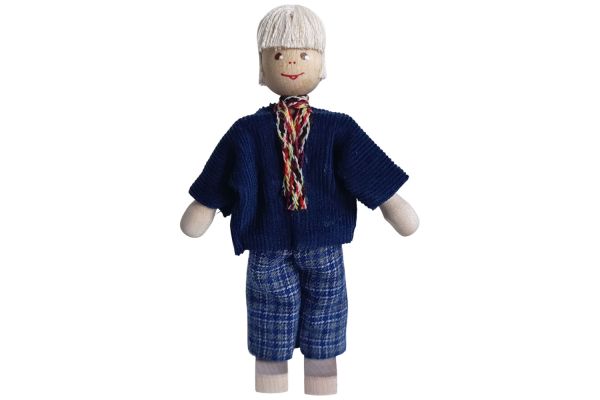 Anne Krebs Miniatur Puppe Opa, Strickjacke blau, Hose kariert, Haare weiss