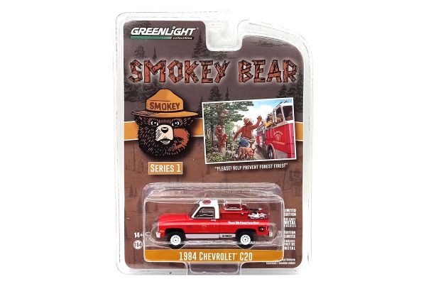 Greenlight 38020-E Chevrolet C20 &quot;Feuerwehr&quot; rot/weiss 1984 - Smokey Bear 1 Maßstab 1:64 Modellauto