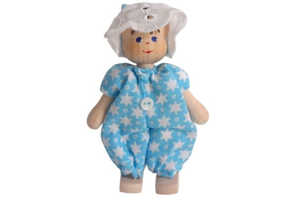 Anne Krebs Miniatur Puppe Baby, Strampelanzug blau