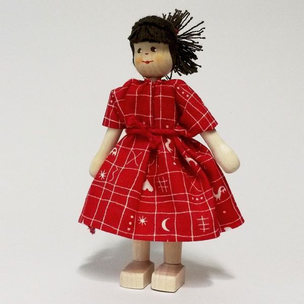 Anne Krebs 233-1 Puppe Mutter, Kleid rot, Haare braun 1:12 für Puppenhaus Holz