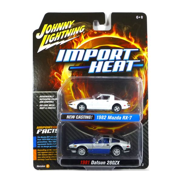 Johnny Lightning JLPK014A-1 2er Pack Mazda RX-7 weiss &amp; Datsun 280ZX silber/blau Maßstab 1:64 Modell