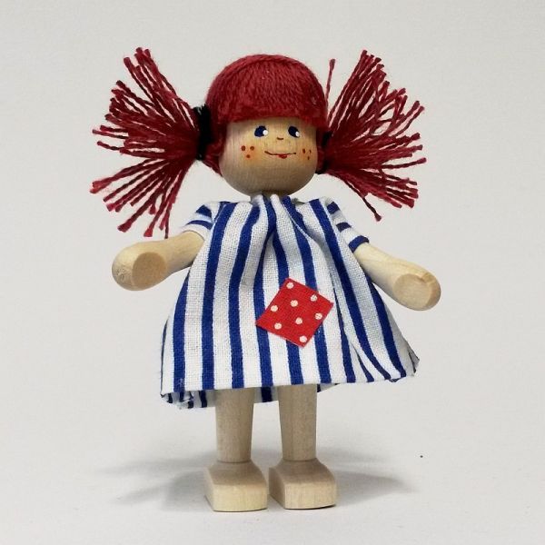 Anne Krebs 170 Puppe Mädchen Kleid weiss/blau Sommersprossen Haare rot 1:12 für Puppenhaus Holz